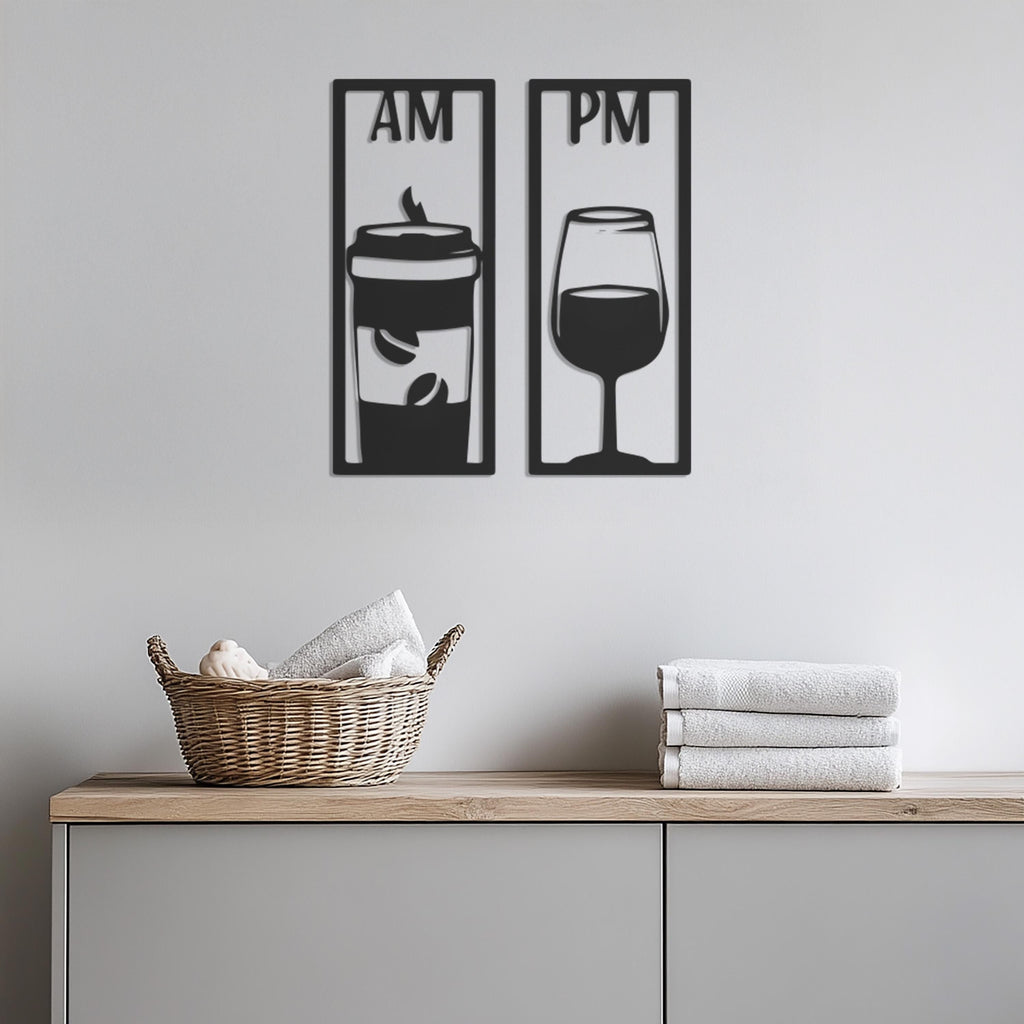 Metal Coffee Wine Wall Art, AM PM Kitchen Wall Decor, Bar Wall Art Metal, Coffee Lover Gift,Modern Wine Lover Sign, Modern Metal Wall Decor