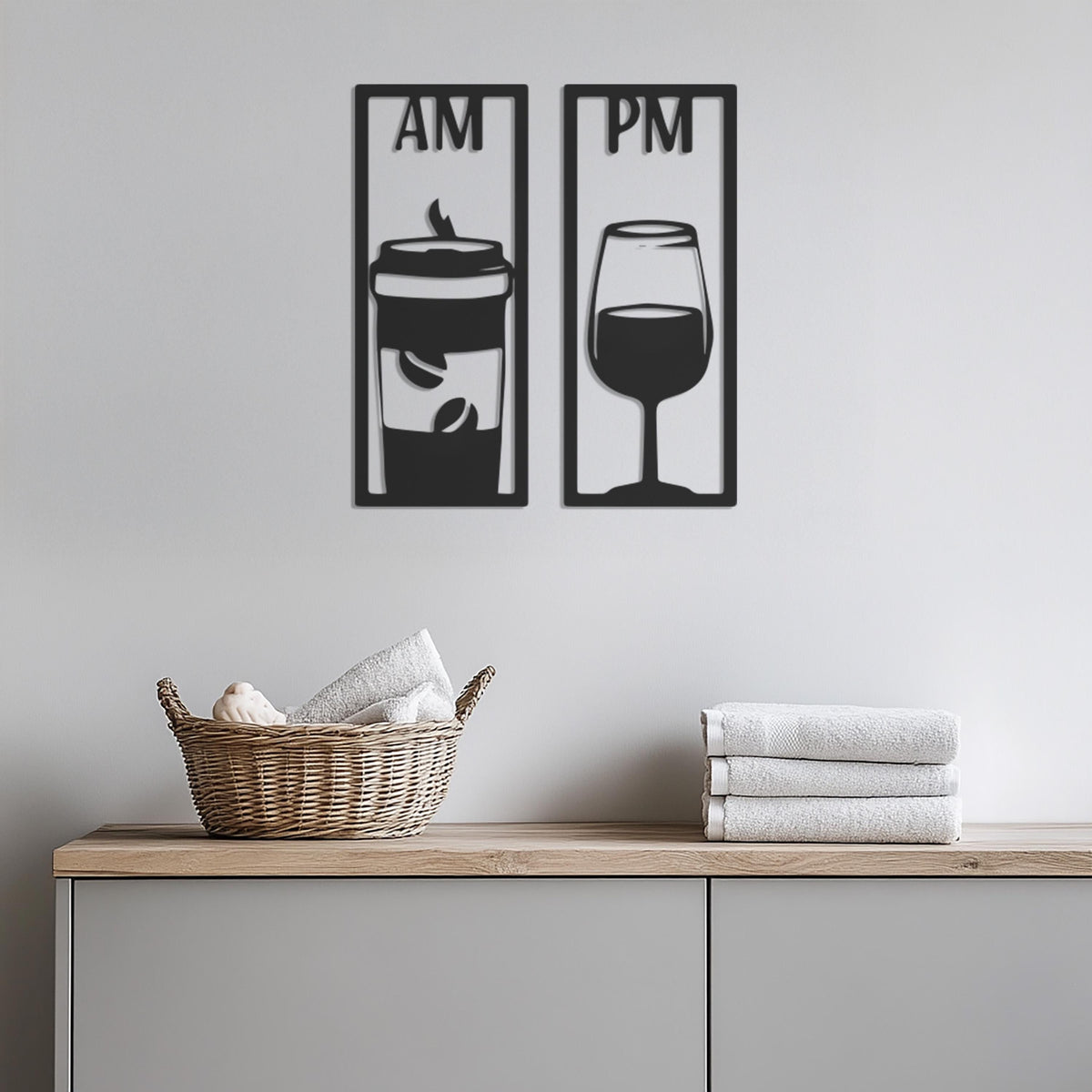 Metal Coffee Wine Wall Art, AM PM Kitchen Wall Decor, Bar Wall Art Metal, Coffee Lover Gift,Modern Wine Lover Sign, Modern Metal Wall Decor