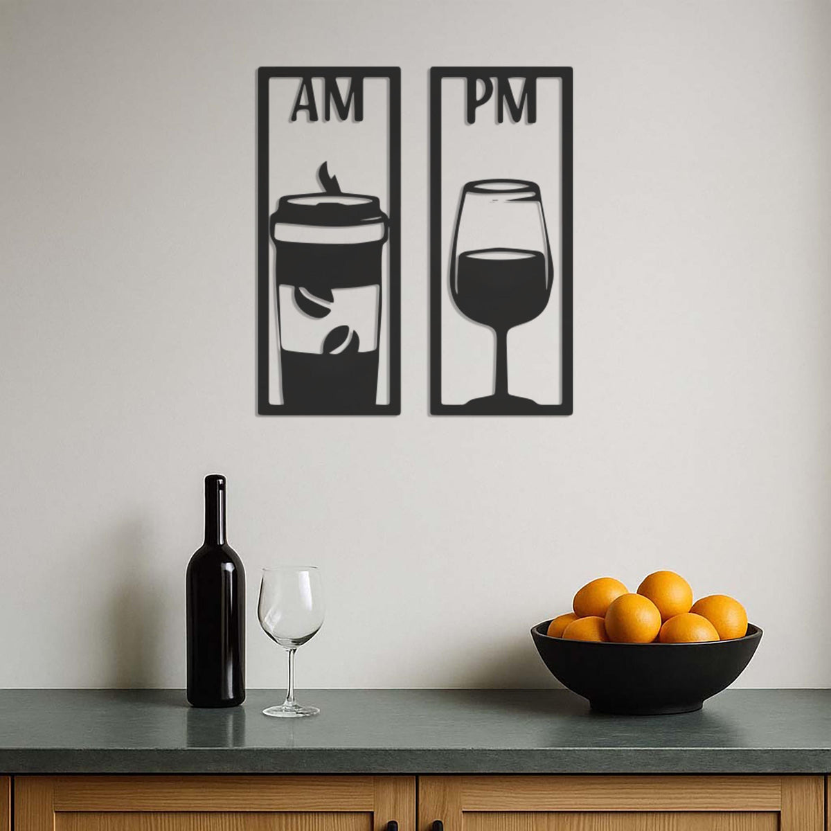 Metal Coffee Wine Wall Art, AM PM Kitchen Wall Decor, Bar Wall Art Metal, Coffee Lover Gift,Modern Wine Lover Sign, Modern Metal Wall Decor