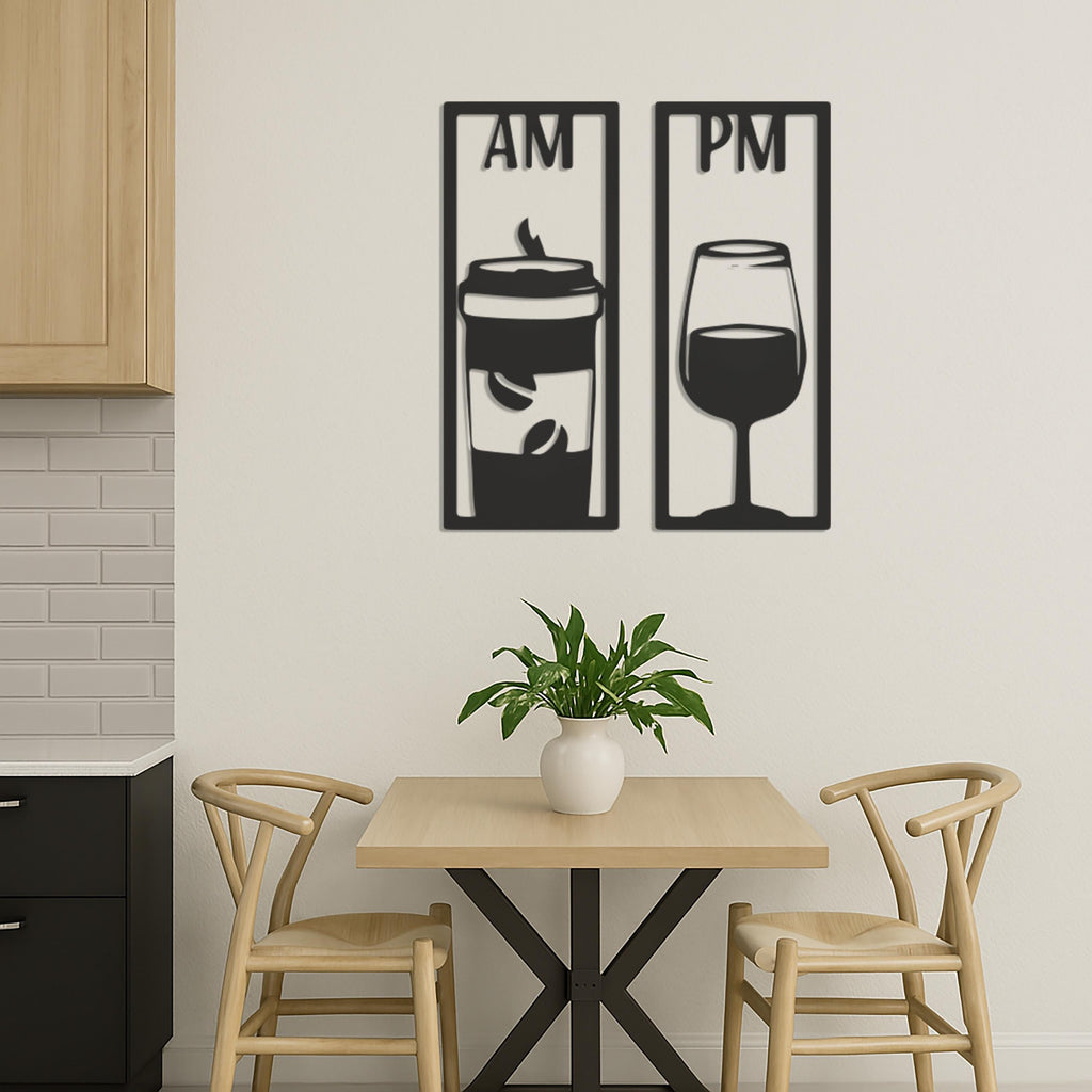 Metal Coffee Wine Wall Art, AM PM Kitchen Wall Decor, Bar Wall Art Metal, Coffee Lover Gift,Modern Wine Lover Sign, Modern Metal Wall Decor