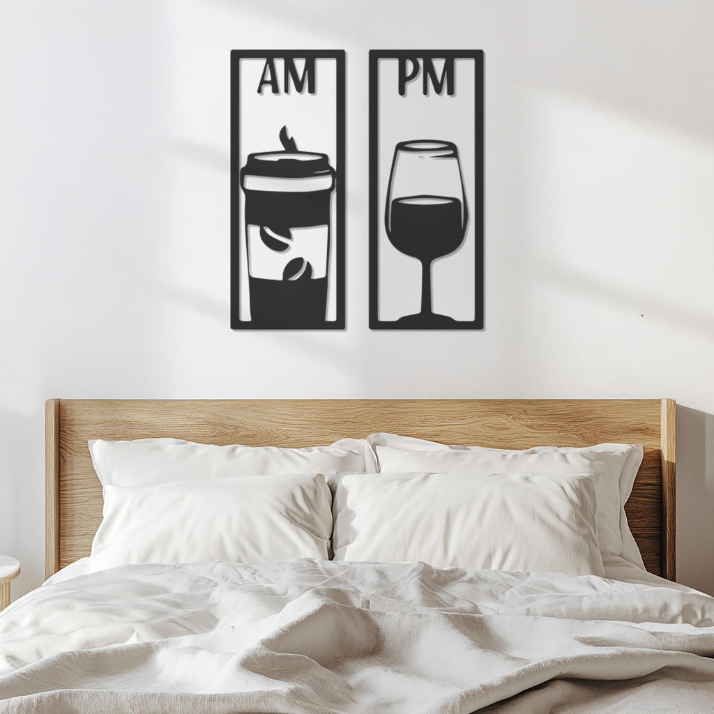 Metal Coffee Wine Wall Art, AM PM Kitchen Wall Decor, Bar Wall Art Metal, Coffee Lover Gift,Modern Wine Lover Sign, Modern Metal Wall Decor