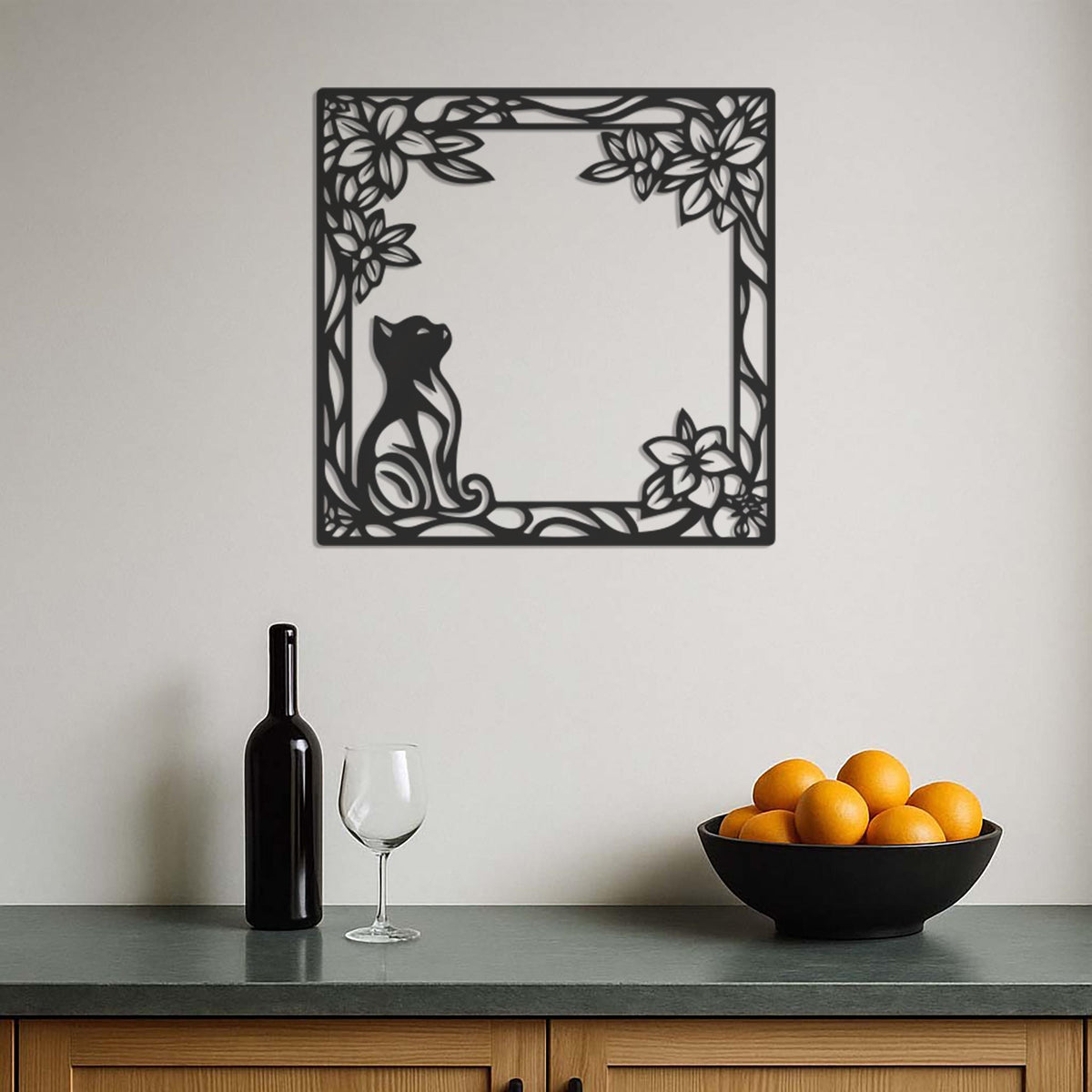 Cat Metal Wall Art, Floral Cat Wall Decor, Cat Lover Gift, Minimalist Metal Art, Cat Frame Wall Hanging, Nature Inspired Cat Wall Panel