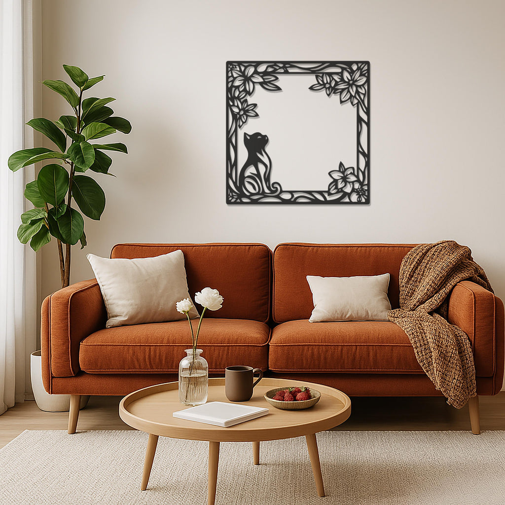 Cat Metal Wall Art, Floral Cat Wall Decor, Cat Lover Gift, Minimalist Metal Art, Cat Frame Wall Hanging, Nature Inspired Cat Wall Panel