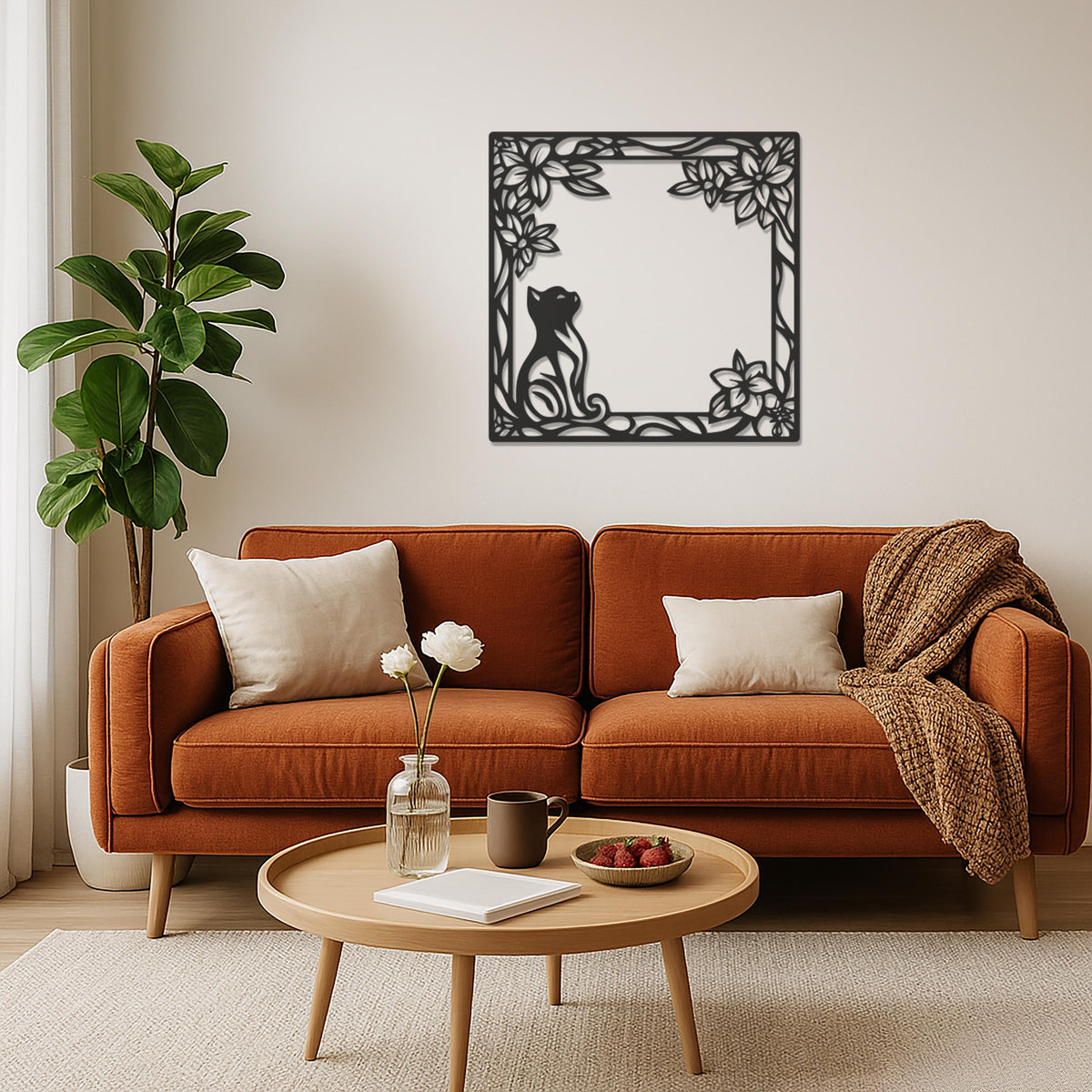 Cat Metal Wall Art, Floral Cat Wall Decor, Cat Lover Gift, Minimalist Metal Art, Cat Frame Wall Hanging, Nature Inspired Cat Wall Panel