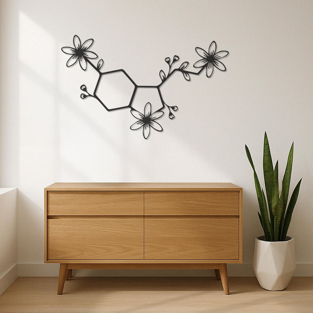 Serotonin Molecule Wall Art, Floral Chemical Wall Decor, Science Wall Hanging, Metal Molecular Art, Serotonin Decor for Home and Office