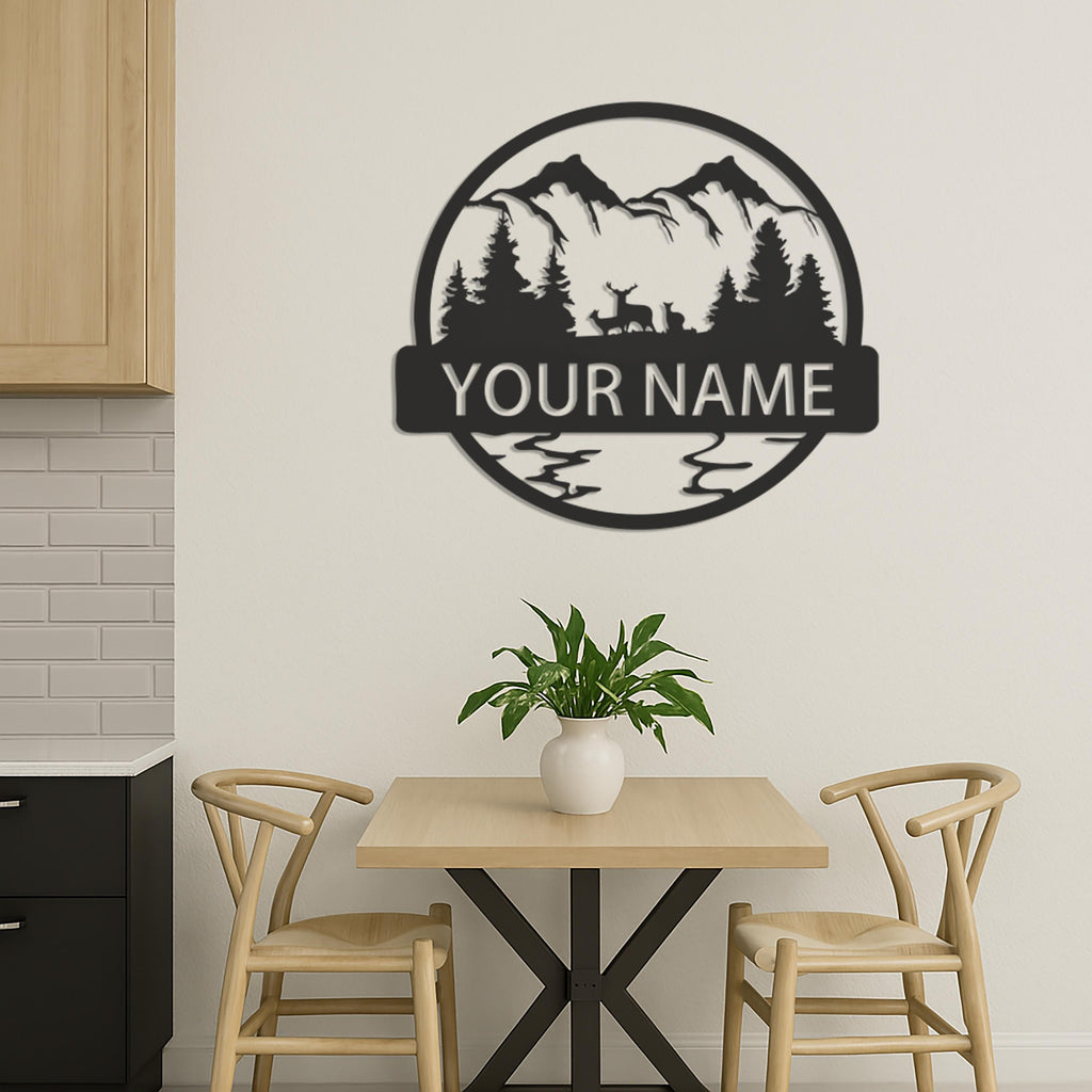 Custom Mountain Scene Metal Wall Art With Deer, Forest Home Sign For Living Room Or Cabin, Personalized Nature Decor Gift For Him, Wall Art