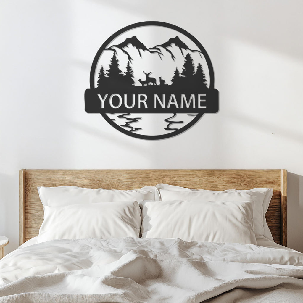 Custom Mountain Scene Metal Wall Art With Deer, Forest Home Sign For Living Room Or Cabin, Personalized Nature Decor Gift For Him, Wall Art