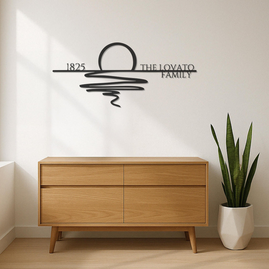 Custom Family Name Metal Wall Art With Sun And Waves Design, Modern Personalized Line Art Decor For Living Room Or Entryway Gift, Wall Art