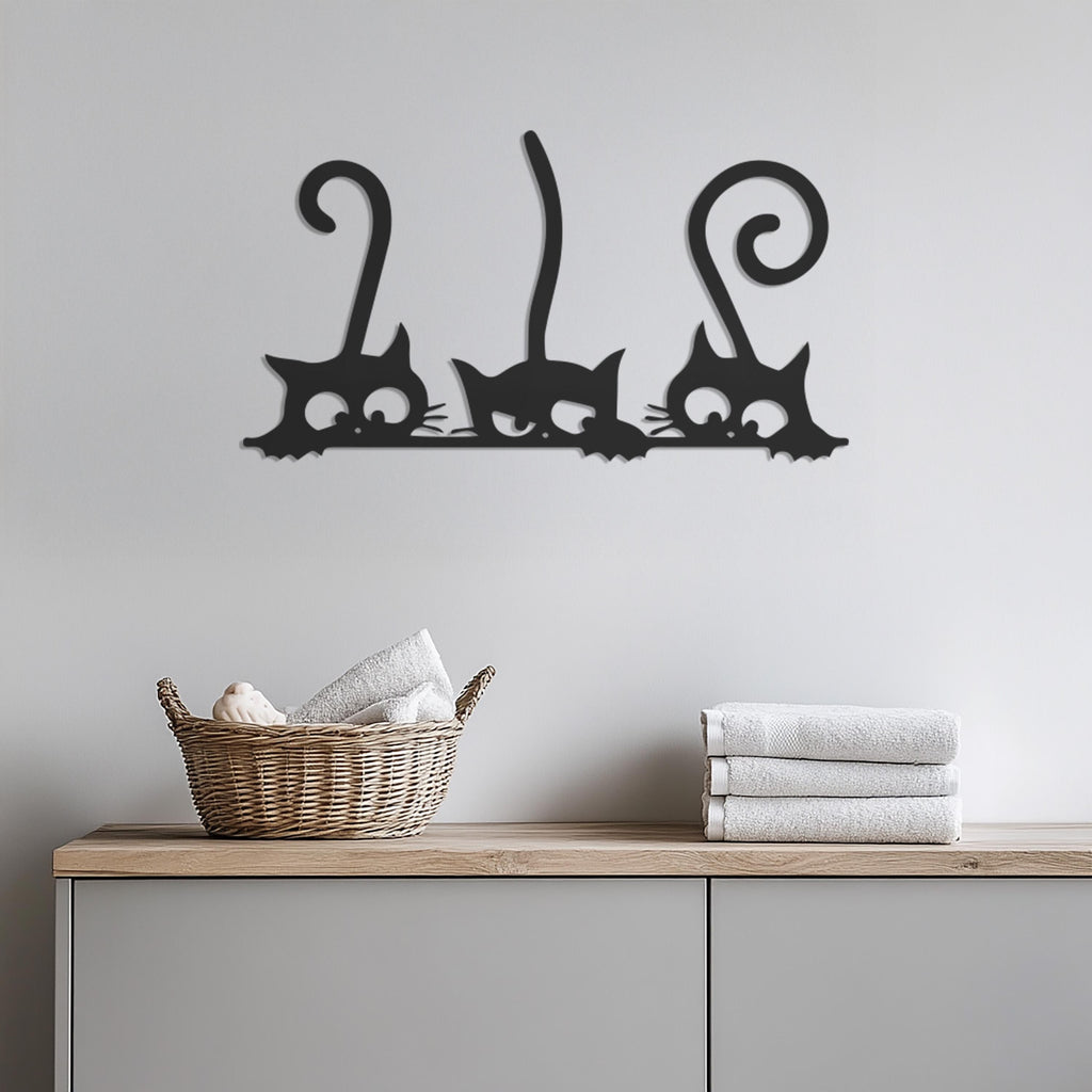 Funny Cat Metal Wall Art With 3 Cats Peeking Design, Whimsical Black Cat Decor For Entryway Or Kitchen,Gift For Cat Lovers And Kids,Wall Art