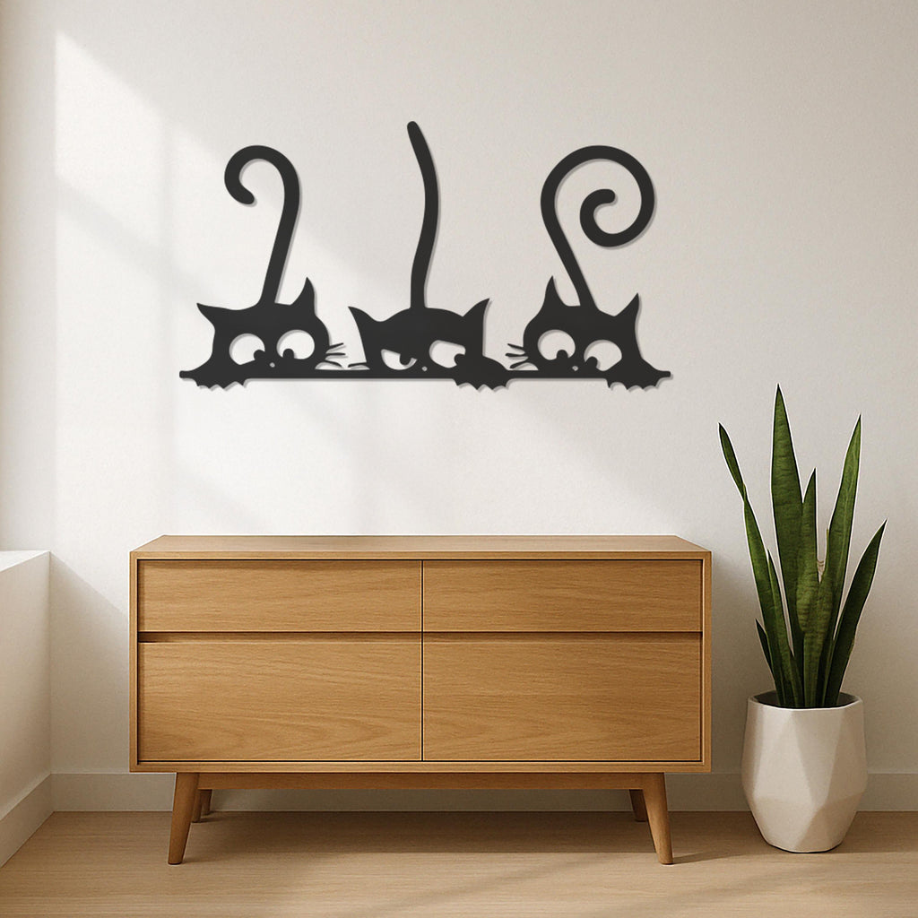 Funny Cat Metal Wall Art With 3 Cats Peeking Design, Whimsical Black Cat Decor For Entryway Or Kitchen,Gift For Cat Lovers And Kids,Wall Art