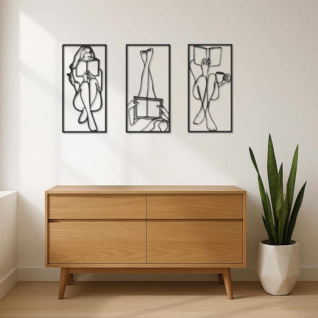 Book Lover Metal Wall Art Set of 3, Minimalist Reading Woman Silhouette Decor, Modern Bedroom Or Study Gift For Readers And Writers,Wall Art