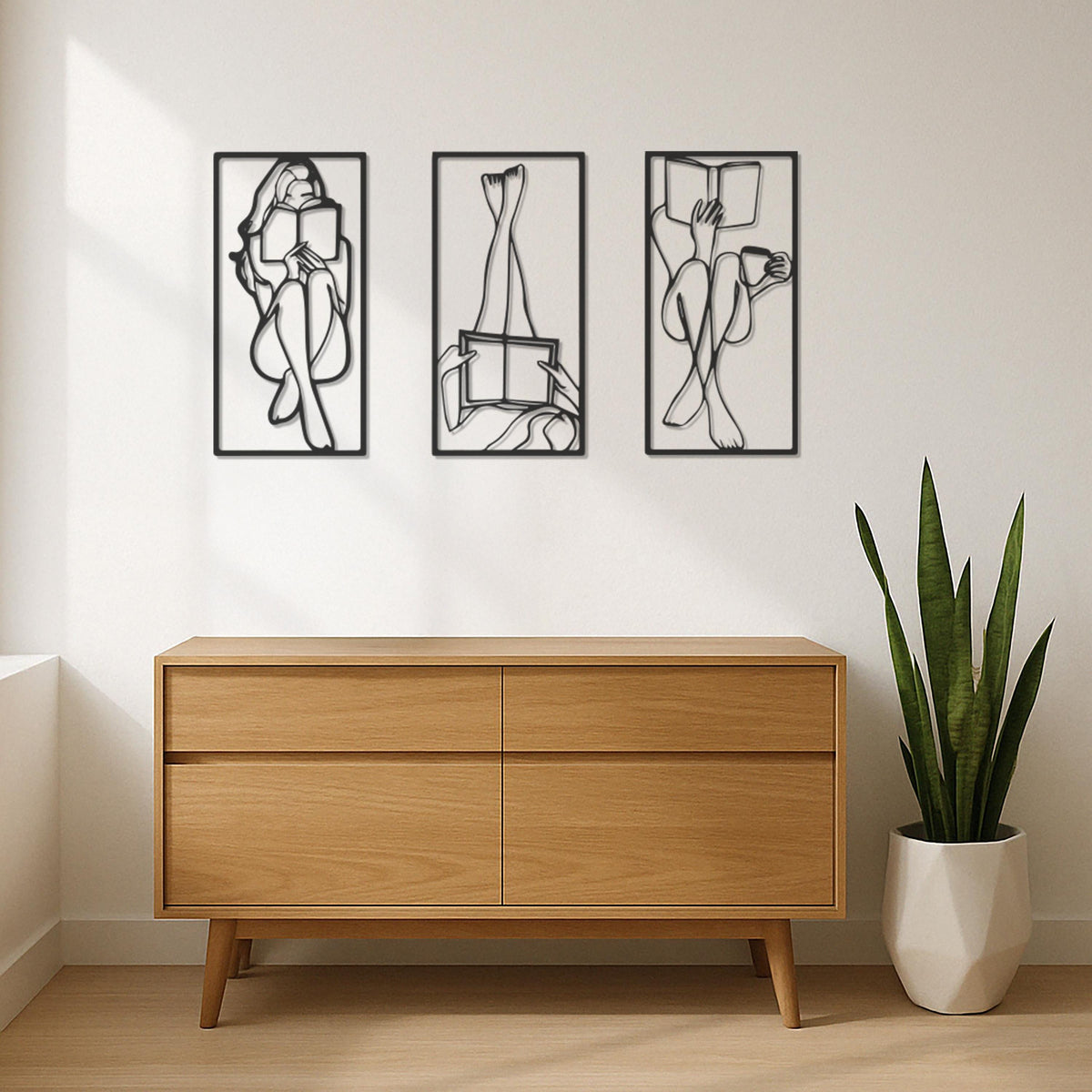 Book Lover Metal Wall Art Set of 3, Minimalist Reading Woman Silhouette Decor, Modern Bedroom Or Study Gift For Readers And Writers,Wall Art