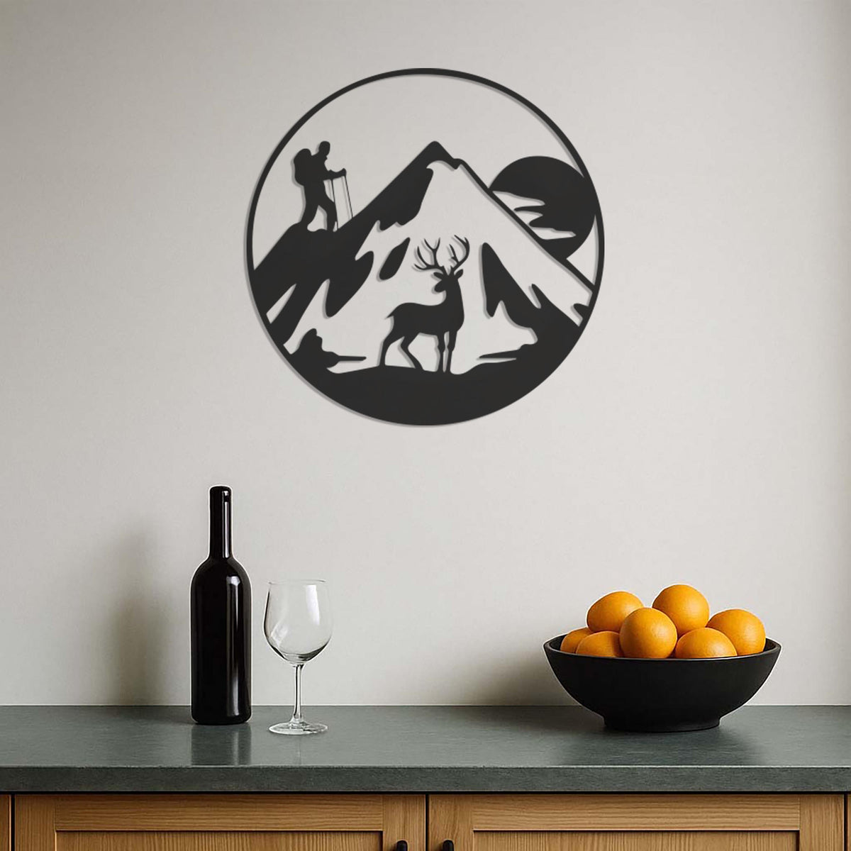 Hiker And Deer Mountain Metal Wall Art, Round Nature Adventure Silhouette For Cabin Decor Or Outdoorsy Gift, Rustic Lodge Wall Hanging