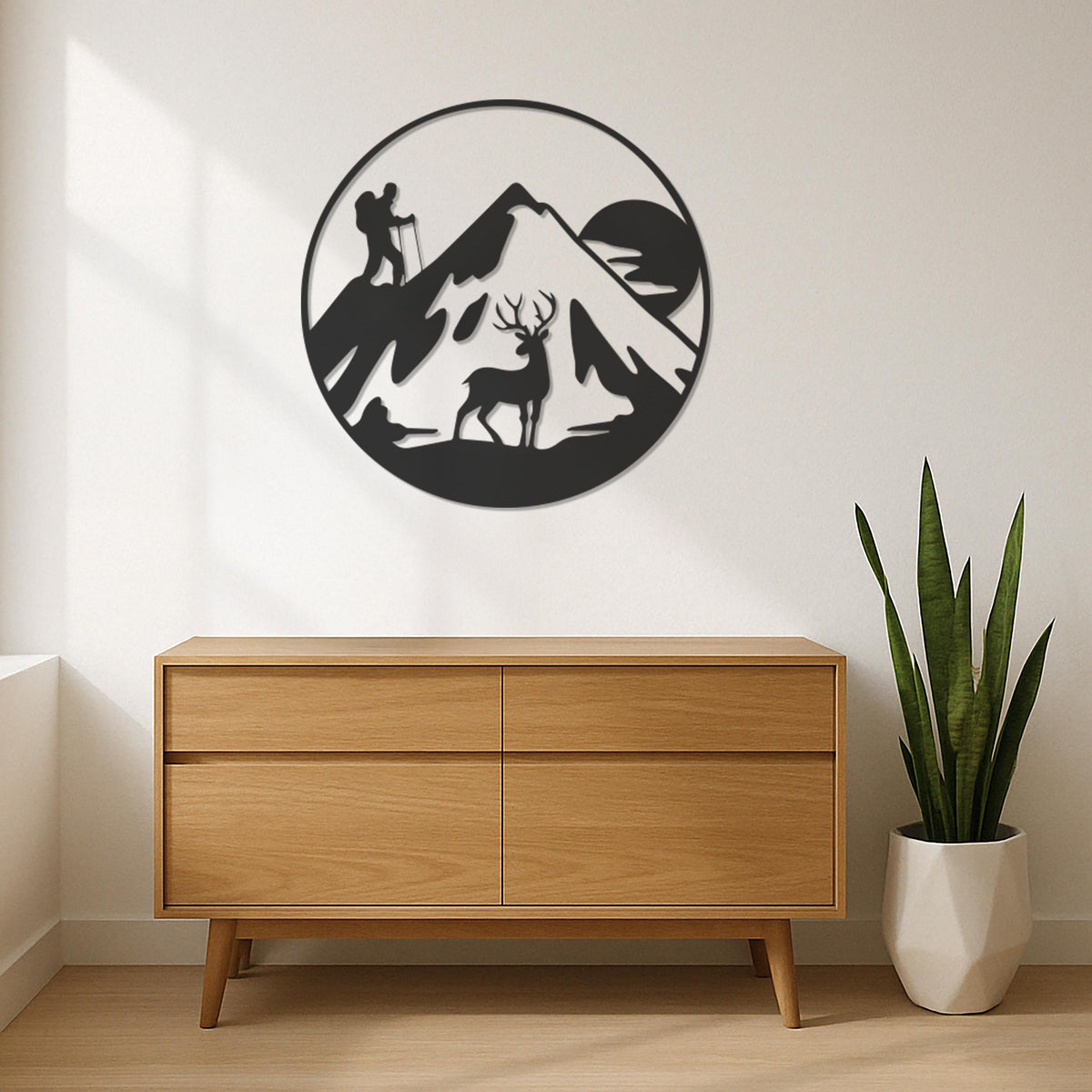 Hiker And Deer Mountain Metal Wall Art, Round Nature Adventure Silhouette For Cabin Decor Or Outdoorsy Gift, Rustic Lodge Wall Hanging