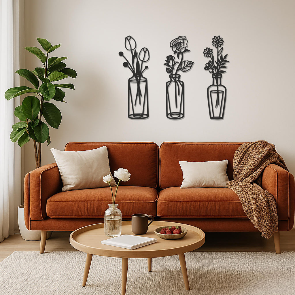 Metal Flower Vase Wall Art Set of 3, Minimalist Line Art Floral Trio For Living Room Or Bedroom, Modern Botanical Metal Decor, Wall Art