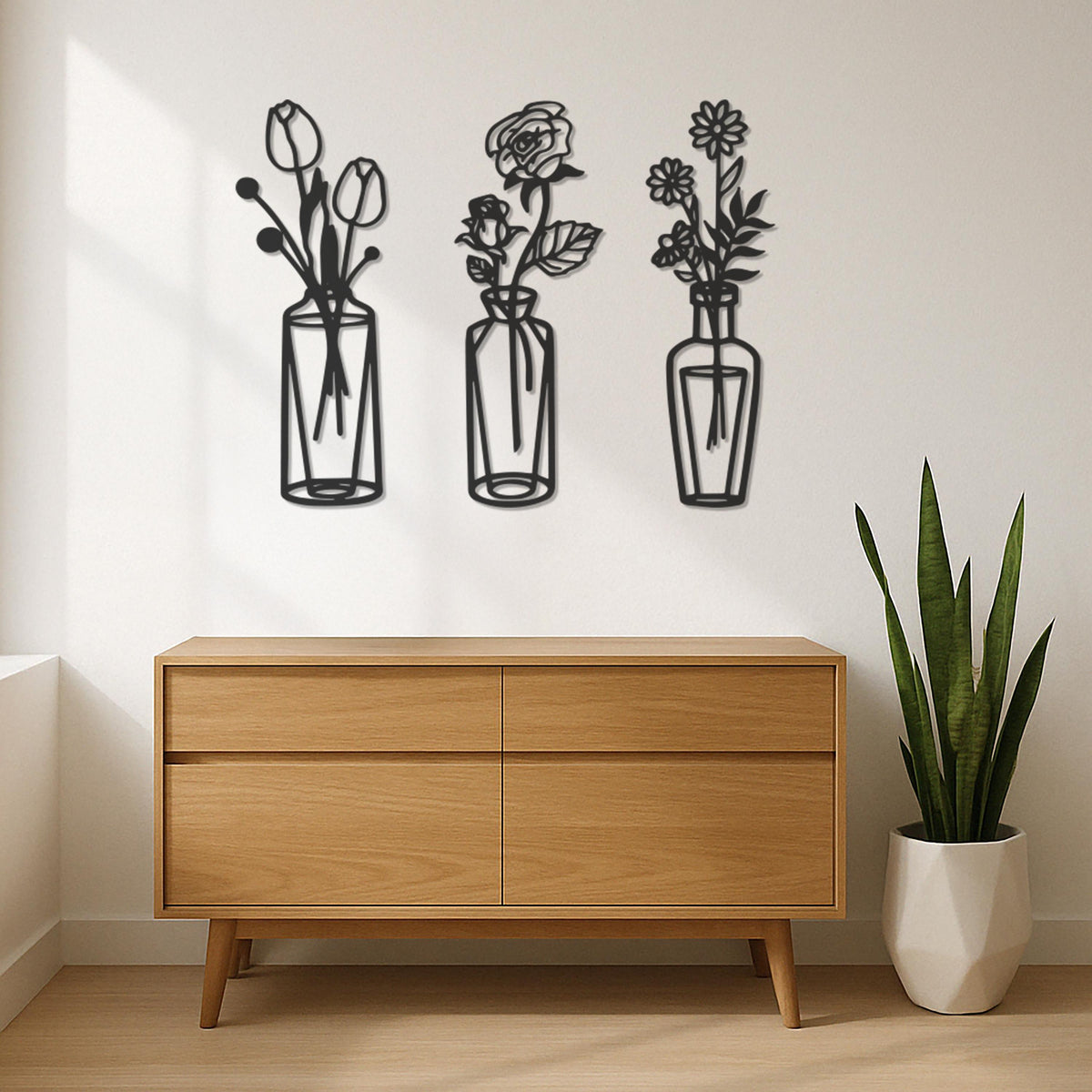 Metal Flower Vase Wall Art Set of 3, Minimalist Line Art Floral Trio For Living Room Or Bedroom, Modern Botanical Metal Decor, Wall Art