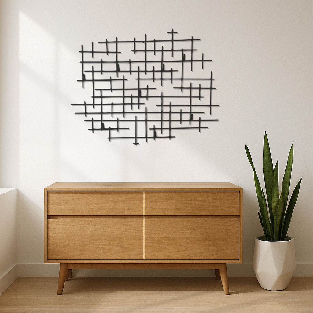Geometric Metal Wall Art for Modern Living Room, Abstract Industrial Line Pattern Wall Sculpture, Large Minimalist Wall Decor, Wall Art