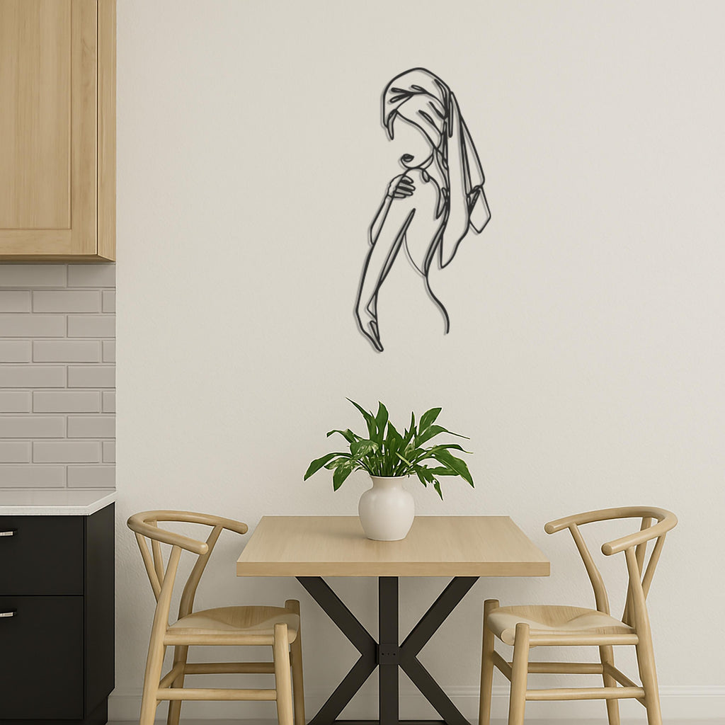 Minimalist Woman Metal Wall Art with Towel, Modern Female Line Silhouette Wall Decor for Bathroom, Spa or Bedroom Accent, Wall Art