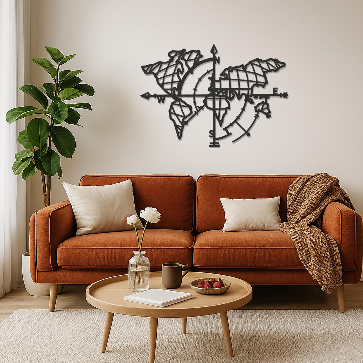 World Map Metal Wall Art, Compass Wall Decor, Travel Lover Gift, Modern Wall Sculpture, Office Living Room Metal Wall Hanging, Wall Art