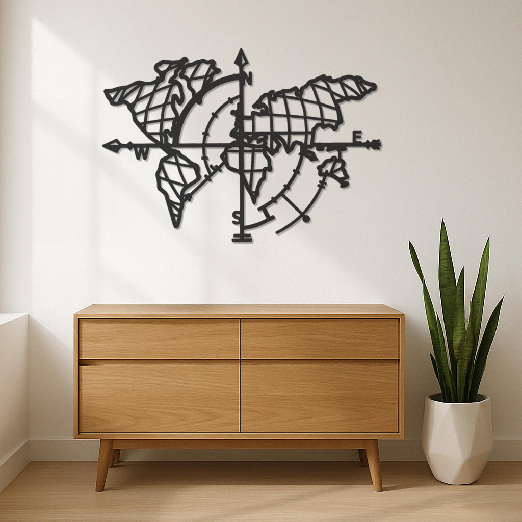 World Map Metal Wall Art, Compass Wall Decor, Travel Lover Gift, Modern Wall Sculpture, Office Living Room Metal Wall Hanging, Wall Art