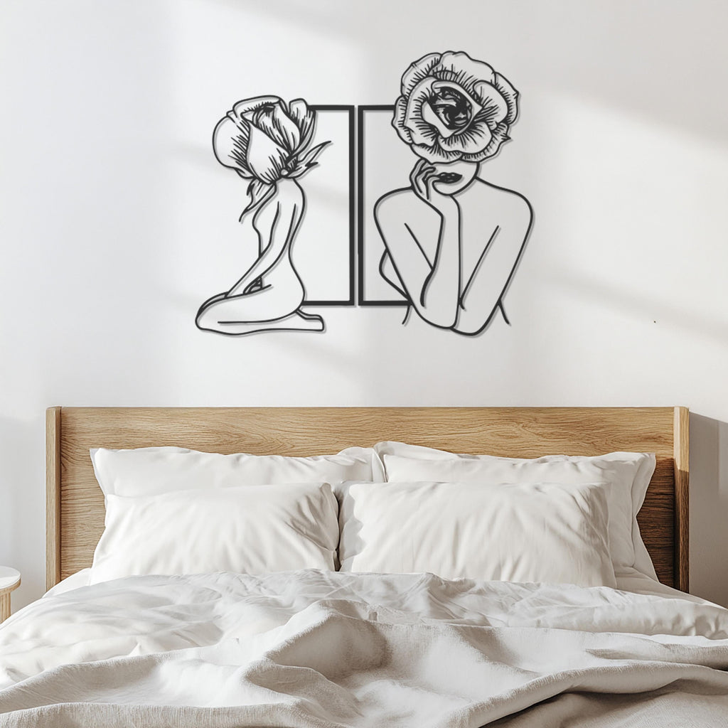 Floral Woman Metal Wall Art, Minimalist Female Body Line Art Decor, Bloom Head Silhouette Sculpture, Elegant Modern Wall Hanging, Wall Art