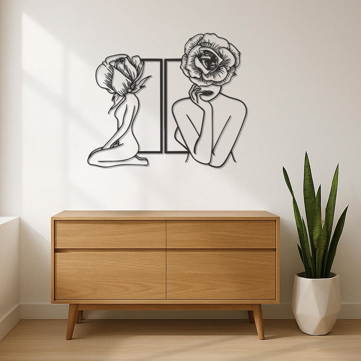 Floral Woman Metal Wall Art, Minimalist Female Body Line Art Decor, Bloom Head Silhouette Sculpture, Elegant Modern Wall Hanging, Wall Art