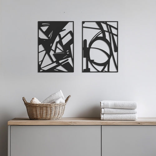 Abstract Geometric Metal Wall Art Set, Modern 2 Piece Black Wall Decor, Minimal Industrial Wall Hanging for Living Room or Office, Wall Art