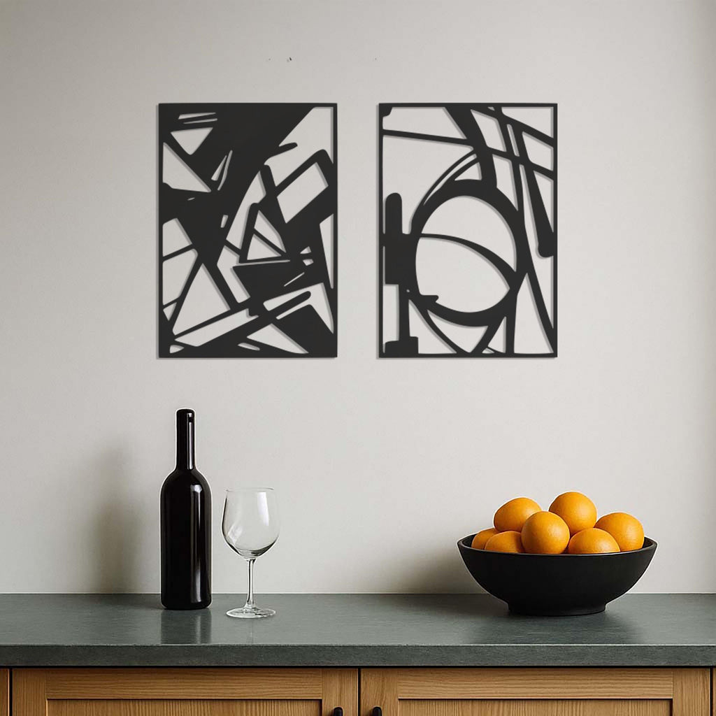 Abstract Geometric Metal Wall Art Set, Modern 2 Piece Black Wall Decor, Minimal Industrial Wall Hanging for Living Room or Office, Wall Art