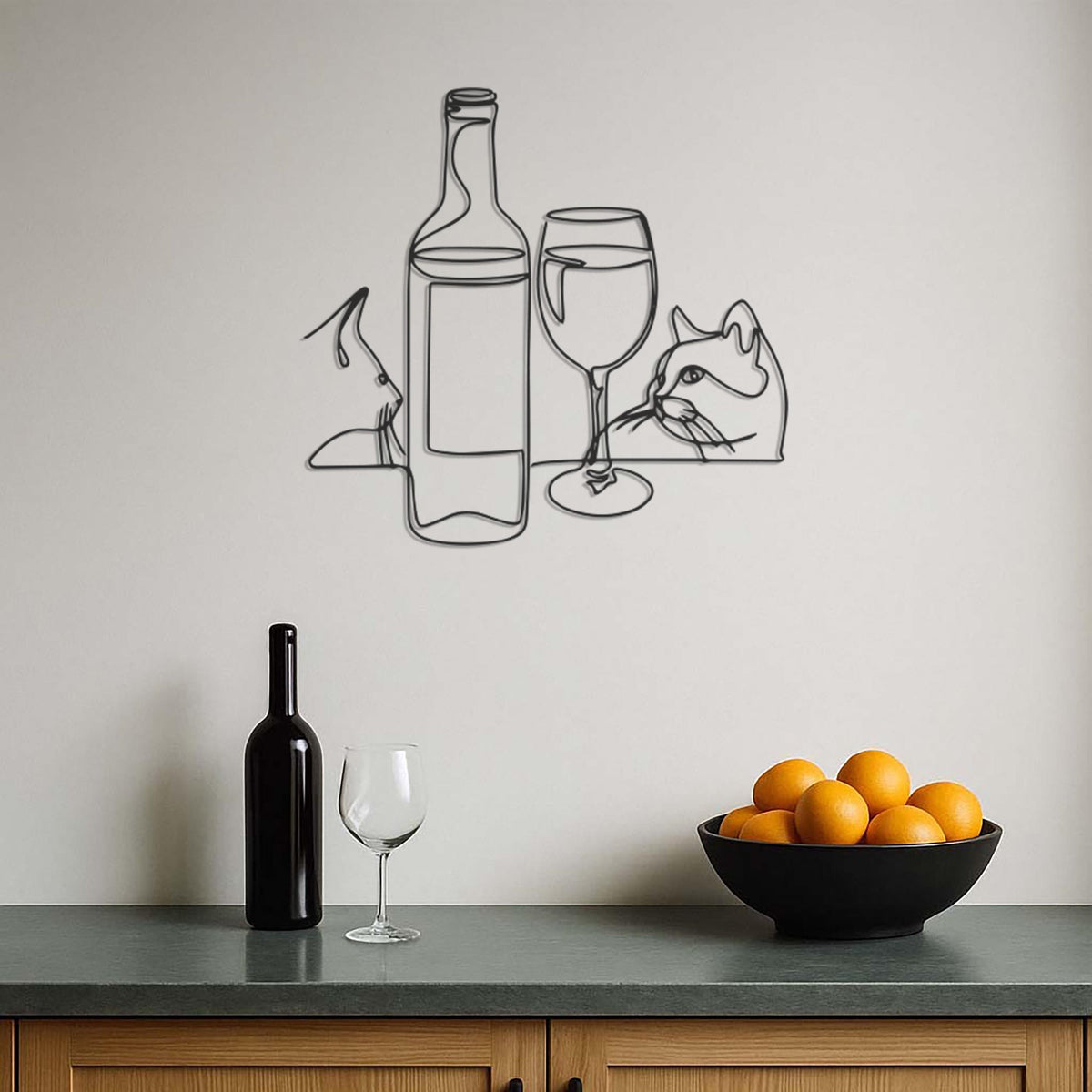 Cat Wine Bottle Wall Art, Metal Line Art Cat Decor,Modern Minimalist Wine Glass Kitty Silhouette for Kitchen or Bar Wall Decoration,Wall Art