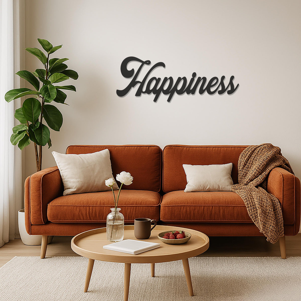 Happiness Metal Wall Art Sign, Customizable Inspirational Word Decor, Script Typography Home Office Wall Decor, Positive Modern Wall Accent