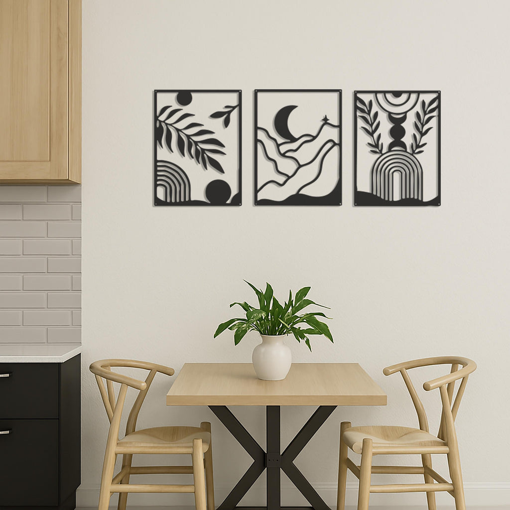 Modern Boho Metal Wall Art Set, Minimalist Abstract Nature Decor,3 Piece Geometric Landscape Wall Panels for Living Room or Bedroom,Wall Art