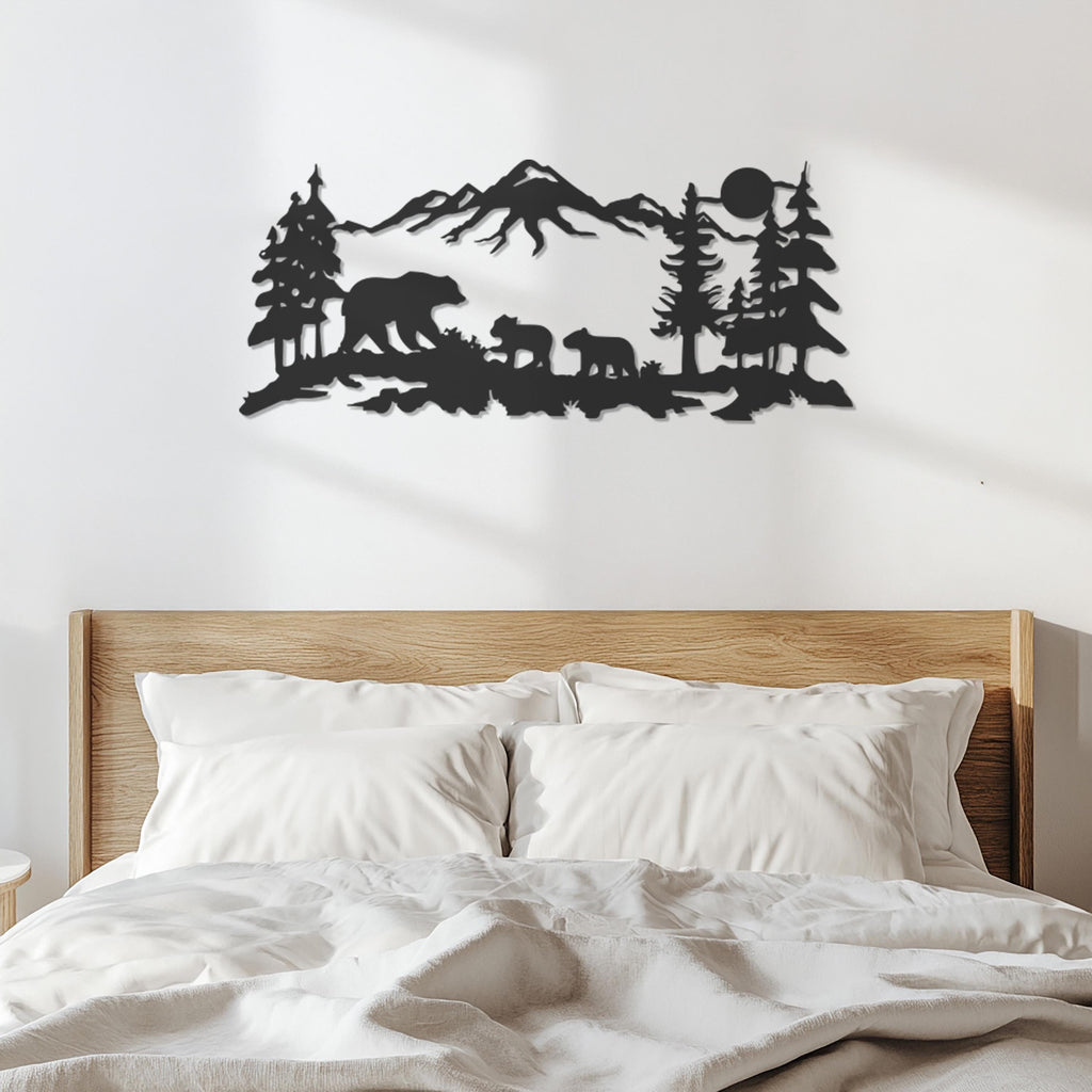 Bear Family Metal Wall Art, Mountain Forest Scene, Rustic Cabin Decor, Wildlife Wall Hanging, Nature Inspired Home Accent, Modern Wall Decor