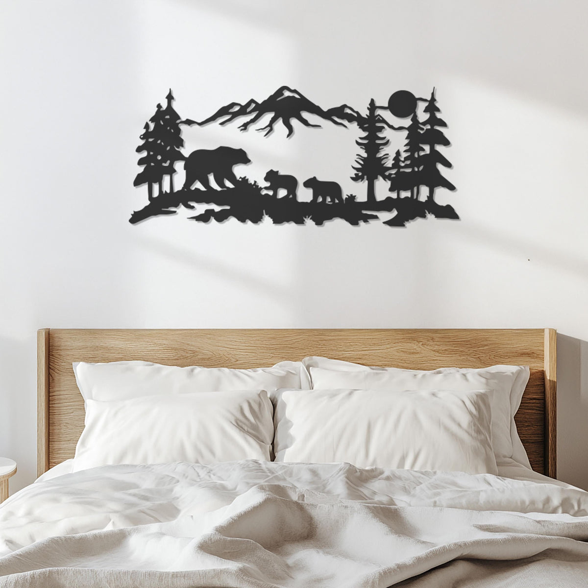 Bear Family Metal Wall Art, Mountain Forest Scene, Rustic Cabin Decor, Wildlife Wall Hanging, Nature Inspired Home Accent, Modern Wall Decor