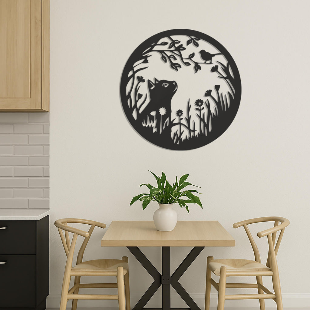Cat and Bird Silhouette Metal Wall Decor, Nature Inspired Round Wall Decor, Whimsical Animal Scene, Modern Living Room or Bedroom Accent