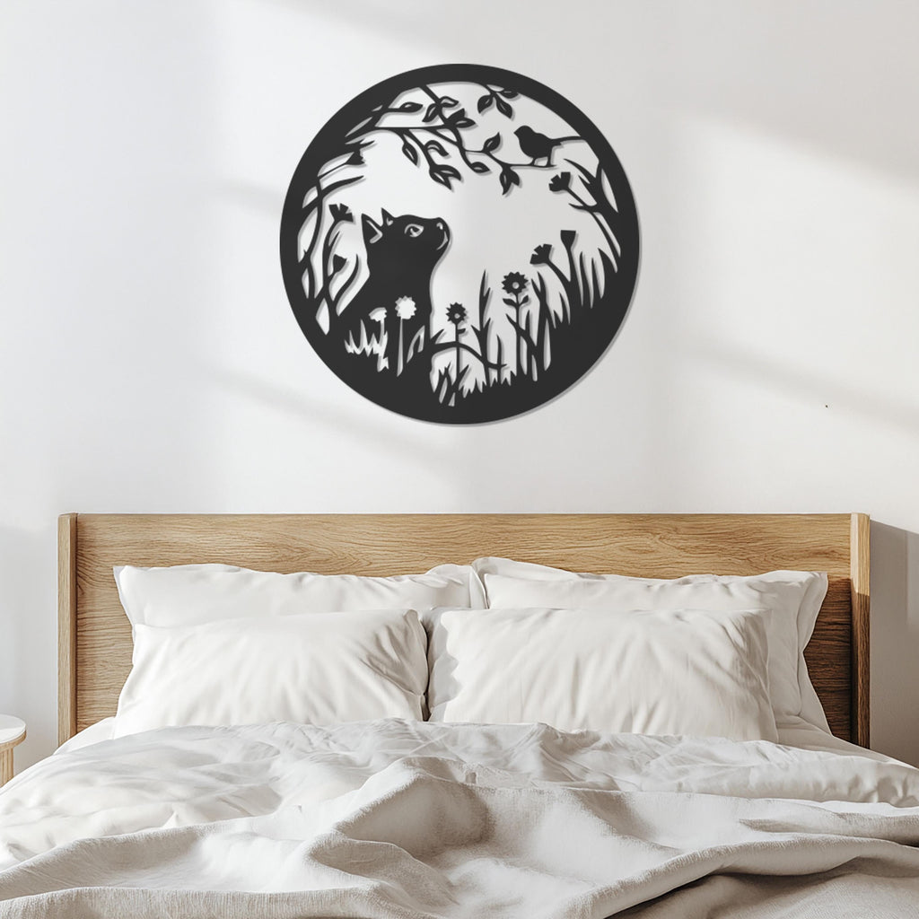Cat and Bird Silhouette Metal Wall Decor, Nature Inspired Round Wall Decor, Whimsical Animal Scene, Modern Living Room or Bedroom Accent