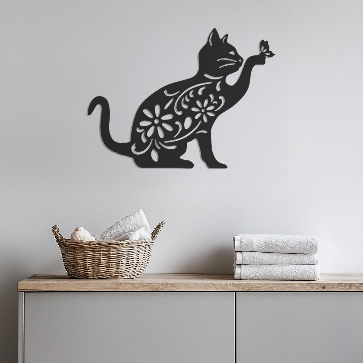 Floral Cat Metal Wall Art, Cat Wall Decor, Flower Cat Wall Hanging, Cat Lover Gift, Cat Wall Sculpture, Butterfly Cat Wall Art, Cat Decor