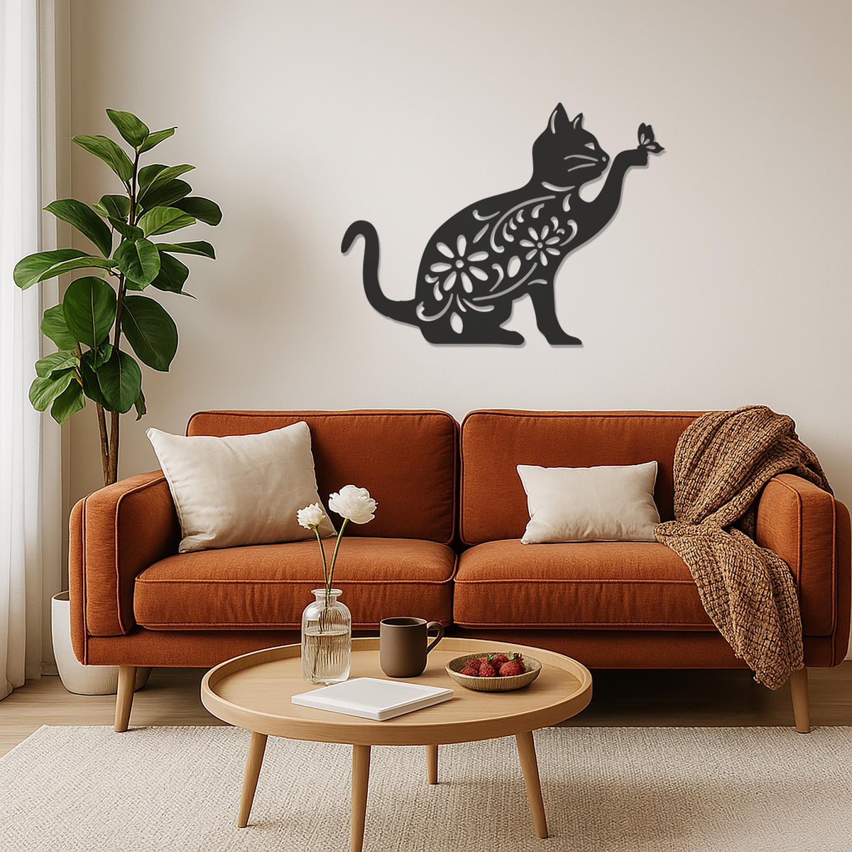 Floral Cat Metal Wall Art, Cat Wall Decor, Flower Cat Wall Hanging, Cat Lover Gift, Cat Wall Sculpture, Butterfly Cat Wall Art, Cat Decor