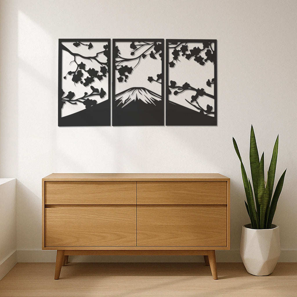 Mount Fuji Wall Art, Metal Mountain Wall Decor, Japanese Landscape Wall Hanging, Minimalist Nature Art,3 Piece Metal Wall Panel Set,Wall Art