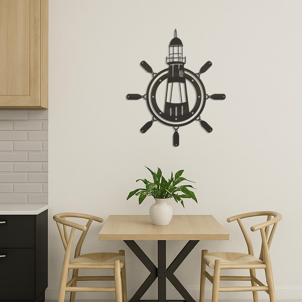 Nautical Lighthouse Wall Art, Ship Wheel Metal Wall Decor, Coastal Beach House Decor, Sea Themed Metal Wall Hanging,Maritime Home Decoration