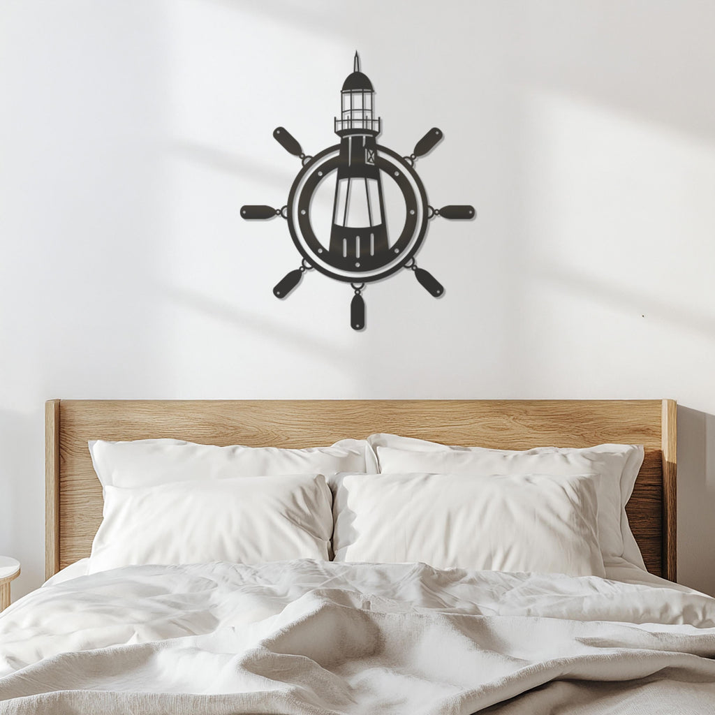 Nautical Lighthouse Wall Art, Ship Wheel Metal Wall Decor, Coastal Beach House Decor, Sea Themed Metal Wall Hanging,Maritime Home Decoration
