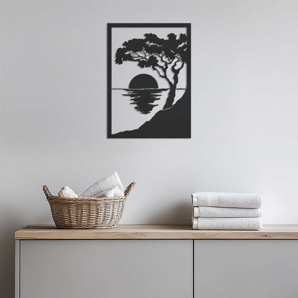 Sunset Metal Wall Art, Coastal Tree Landscape Wall Decor, Modern Nature Metal Wall Hanging, Ocean View Art for Living Room,Beach House Decor