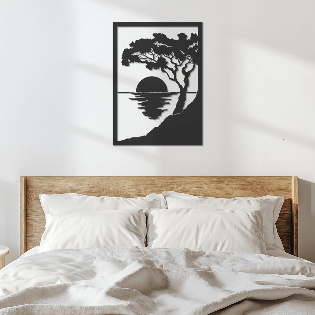 Sunset Metal Wall Art, Coastal Tree Landscape Wall Decor, Modern Nature Metal Wall Hanging, Ocean View Art for Living Room,Beach House Decor