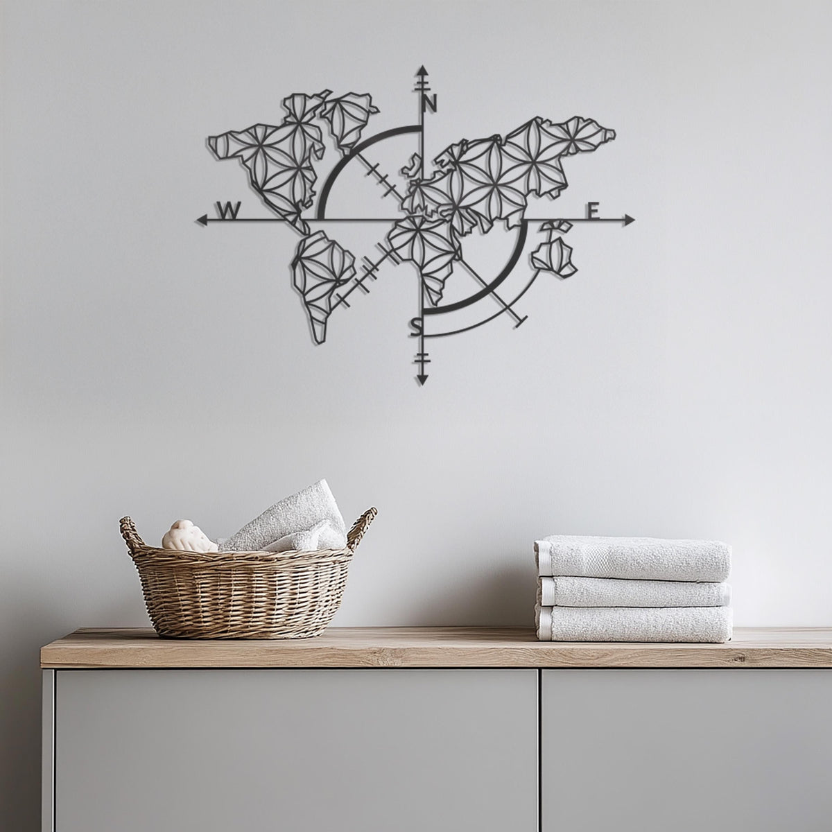 World Map Compass Metal Wall Art, Geometric World Map Decor, Modern Wall Hanging, Travel Lover Gift,Metal Compass Wall Art for Home,Wall Art