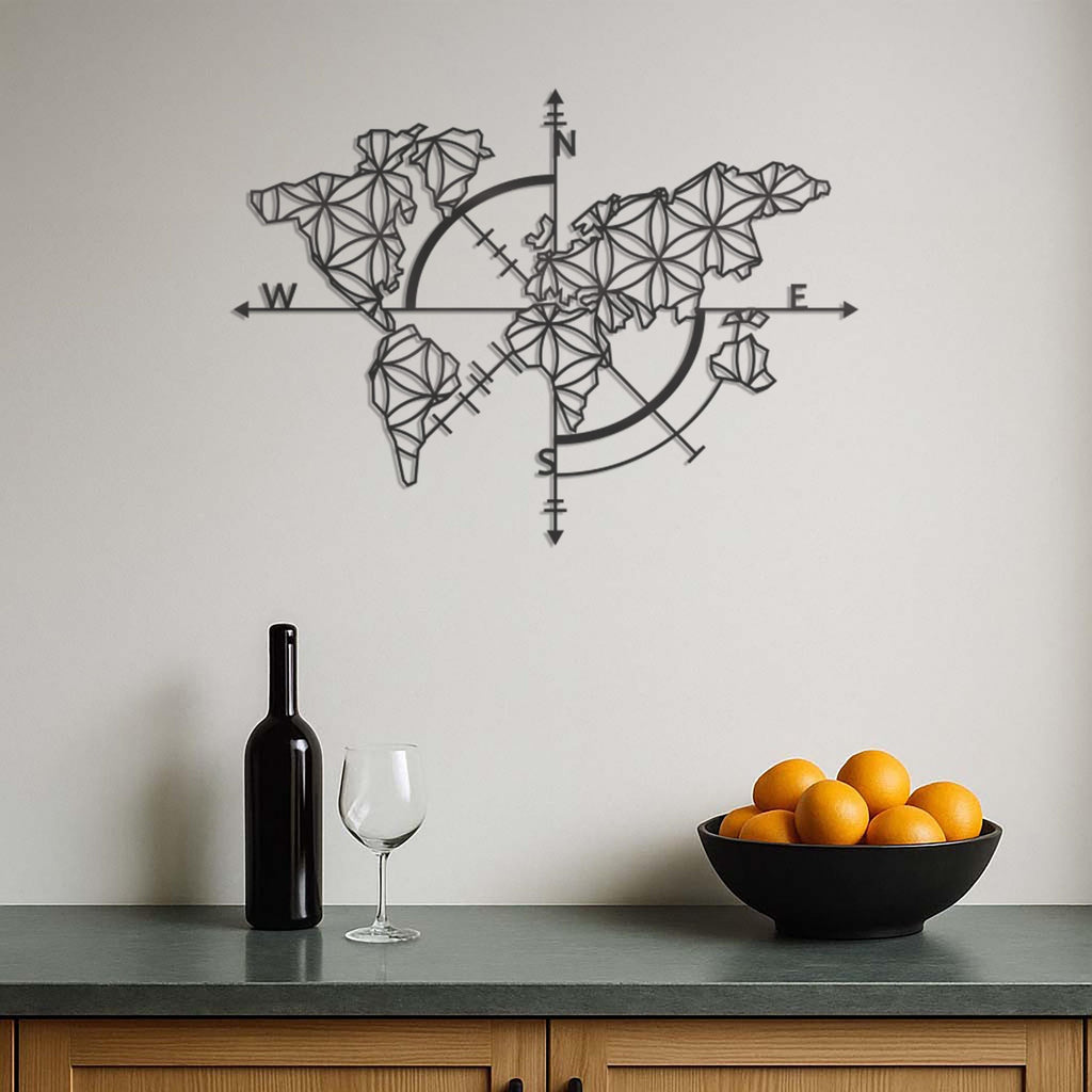 World Map Compass Metal Wall Art, Geometric World Map Decor, Modern Wall Hanging, Travel Lover Gift,Metal Compass Wall Art for Home,Wall Art