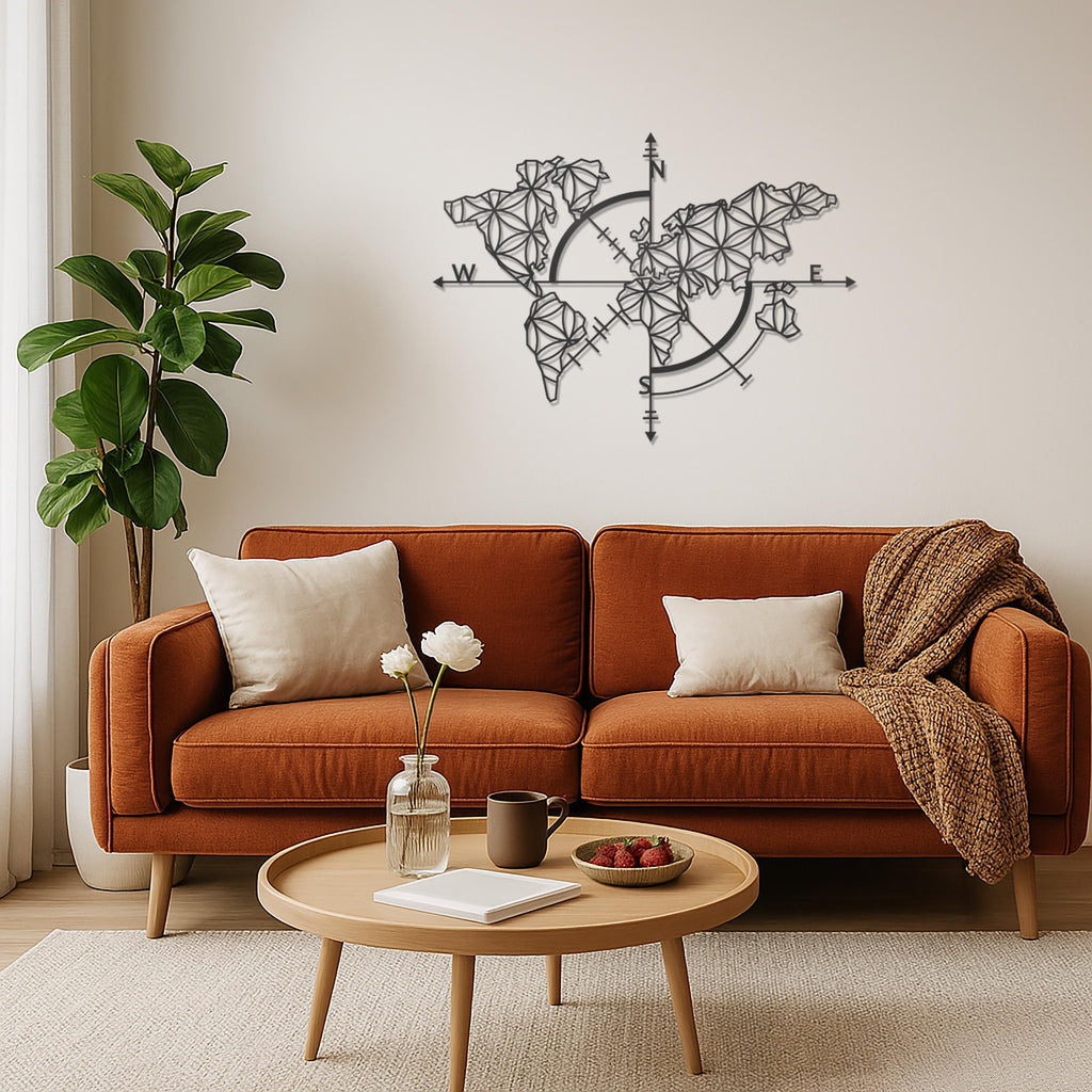 World Map Compass Metal Wall Art, Geometric World Map Decor, Modern Wall Hanging, Travel Lover Gift,Metal Compass Wall Art for Home,Wall Art