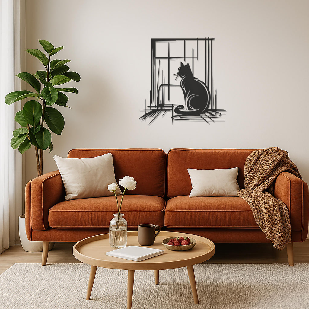 Cat Looking Out Window Metal Wall Art, Minimalist Cat Wall Decor, Modern Pet Lover Gift, Cozy Home Wall Hanging,Cat Lover Metal Art,Wall Art