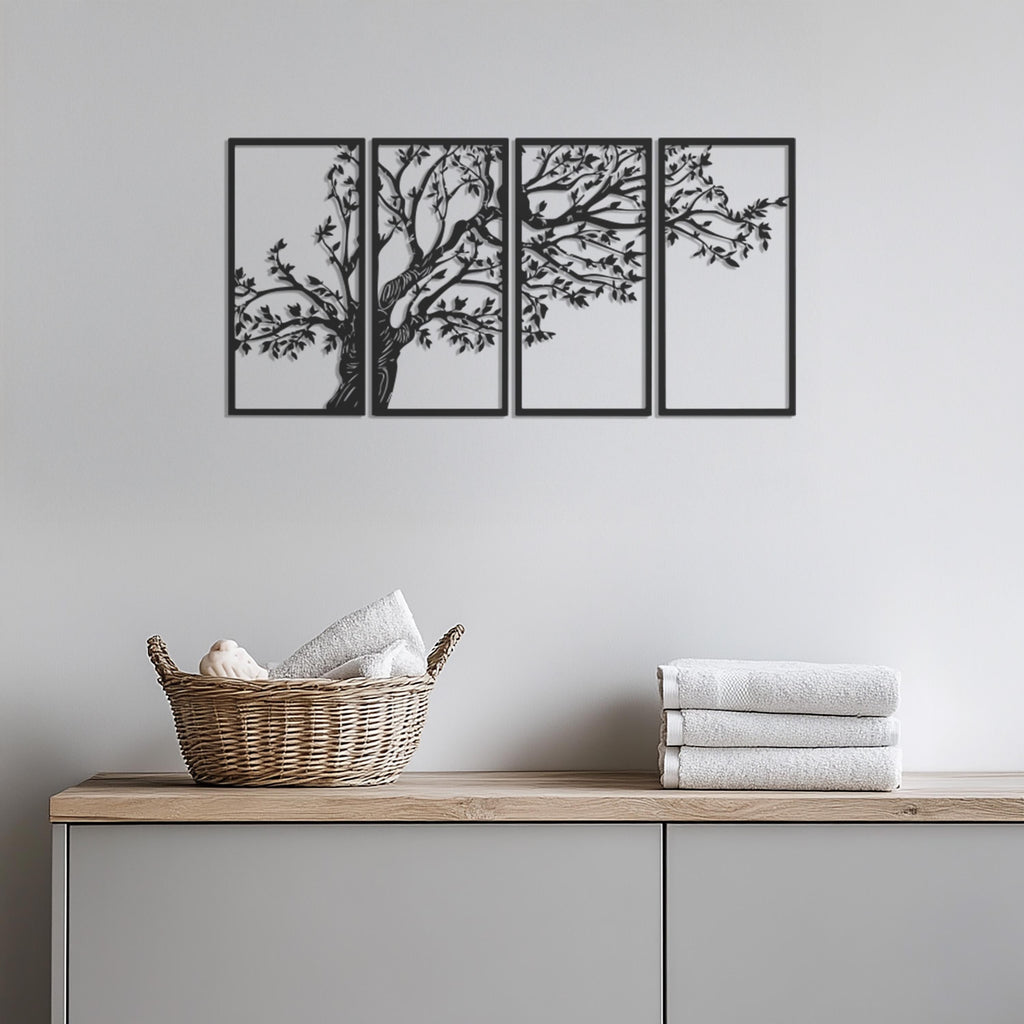 Metal Tree Wall Art, 4 Piece Tree Panel Decor, Modern Nature Wall Hanging, Rustic Metal Tree Art, Large Wall Decor, Family Tree Metal Art