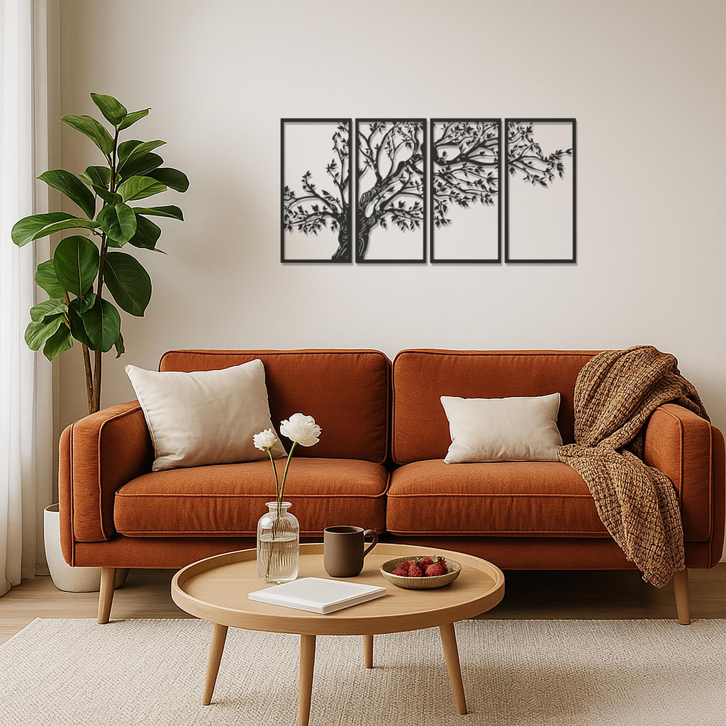 Metal Tree Wall Art, 4 Piece Tree Panel Decor, Modern Nature Wall Hanging, Rustic Metal Tree Art, Large Wall Decor, Family Tree Metal Art