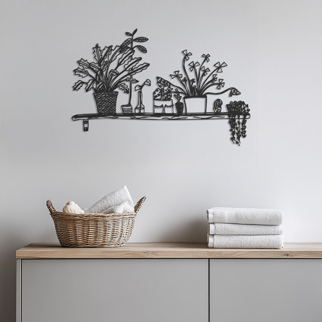 Metal Plant Wall Art, Botanical Shelf Decor, Indoor Plants Metal Wall Hanging, Modern Greenery Home Decor, Flower Pot Wall Art, Wall Art