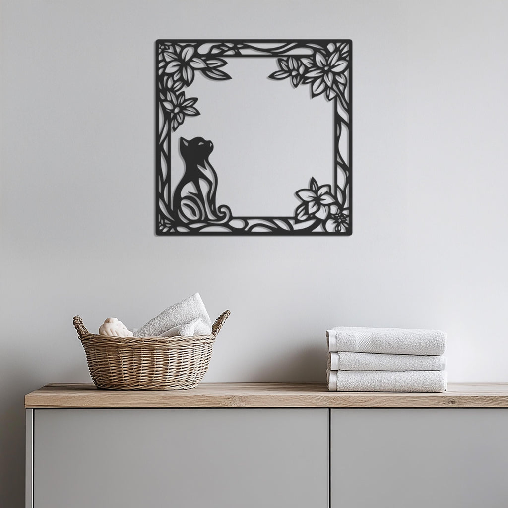 Cat Metal Wall Art, Floral Cat Wall Decor, Cat Lover Gift, Minimalist Metal Art, Cat Frame Wall Hanging, Nature Inspired Cat Wall Panel